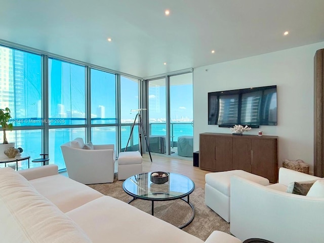 living room with a wall of windows and light hardwood / wood-style floors