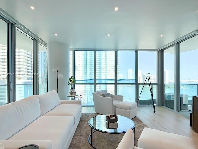 living room with expansive windows and light hardwood / wood-style flooring