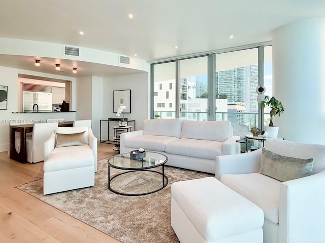 living room with light wood-type flooring and a wall of windows