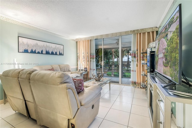 tiled living room featuring a textured ceiling