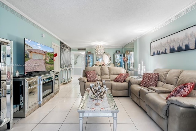 living room with light tile patterned floors, an inviting chandelier, crown molding, and a textured ceiling