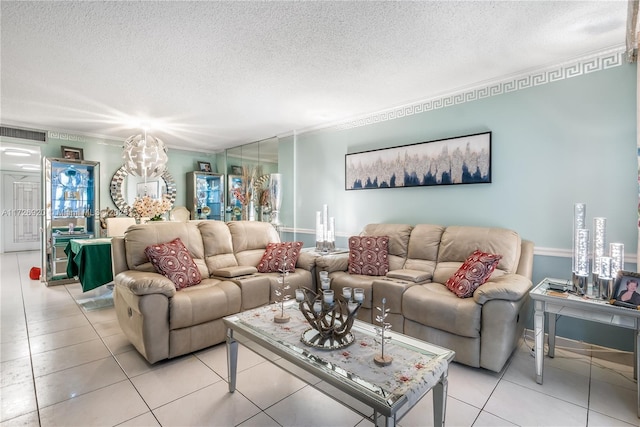 living room featuring a textured ceiling, light tile patterned floors, and ornamental molding