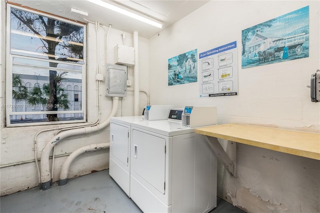 clothes washing area featuring washing machine and dryer and electric panel