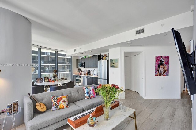 living room with light hardwood / wood-style floors and expansive windows