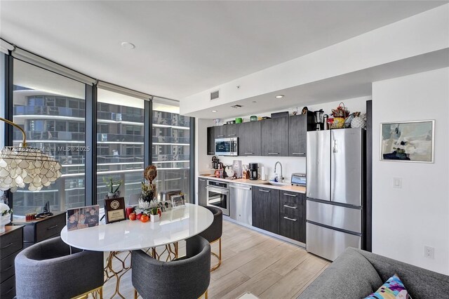 living room featuring floor to ceiling windows and light hardwood / wood-style flooring