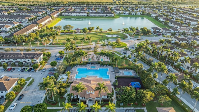 drone / aerial view with a water view