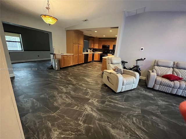 living room featuring lofted ceiling