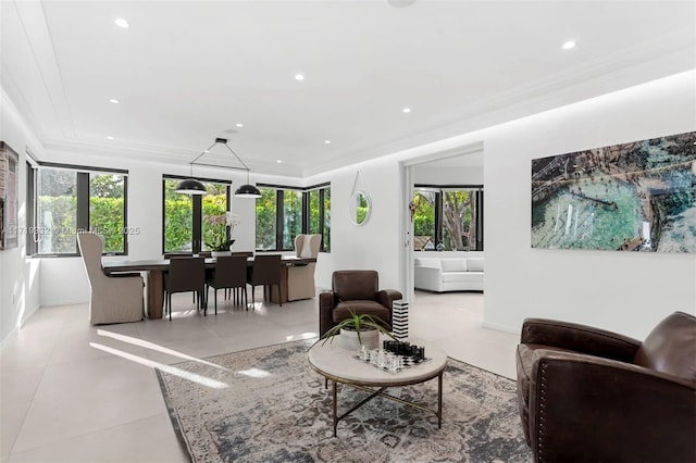 tiled living room with crown molding