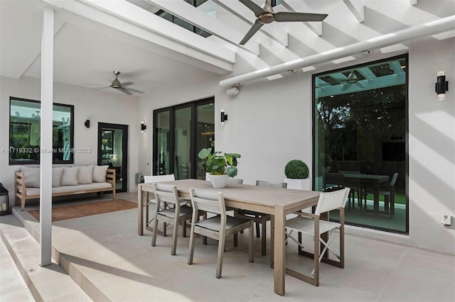 view of patio / terrace with ceiling fan, outdoor lounge area, and a pergola