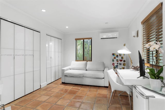 tiled living room with ornamental molding and a wall mounted AC