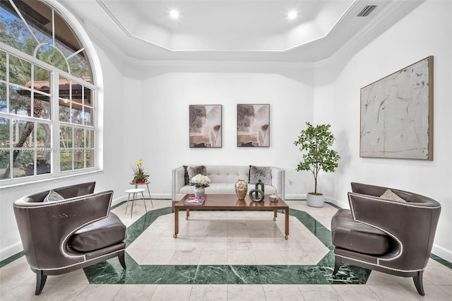 living area with crown molding and a tray ceiling