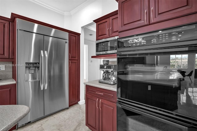 kitchen featuring tasteful backsplash, appliances with stainless steel finishes, and ornamental molding