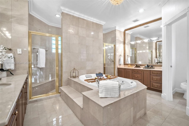 bathroom with vanity, tile walls, plus walk in shower, and ornamental molding