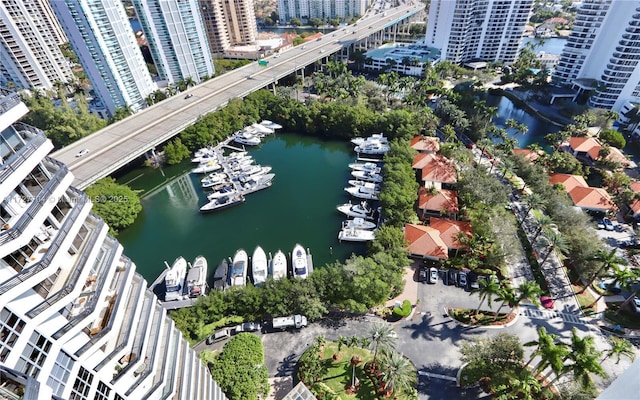 bird's eye view with a water view