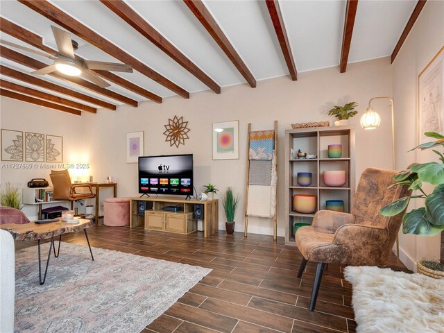 living room featuring ceiling fan and beam ceiling