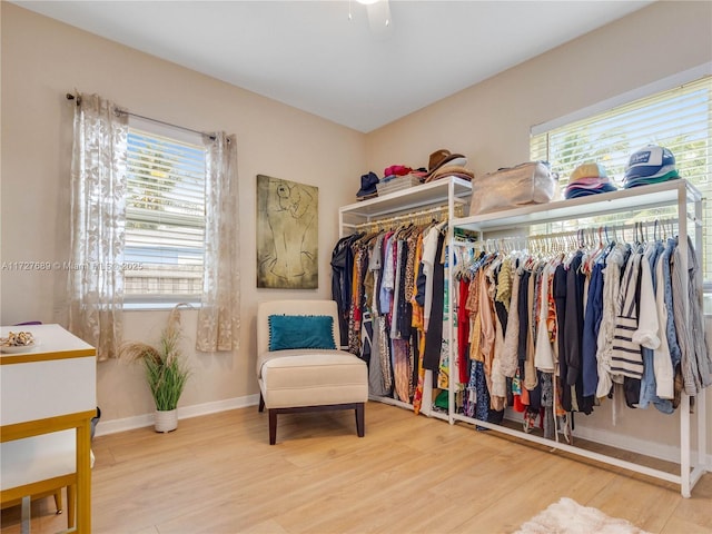 spacious closet with light hardwood / wood-style floors