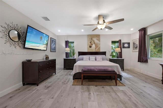 bedroom featuring ceiling fan and light hardwood / wood-style flooring