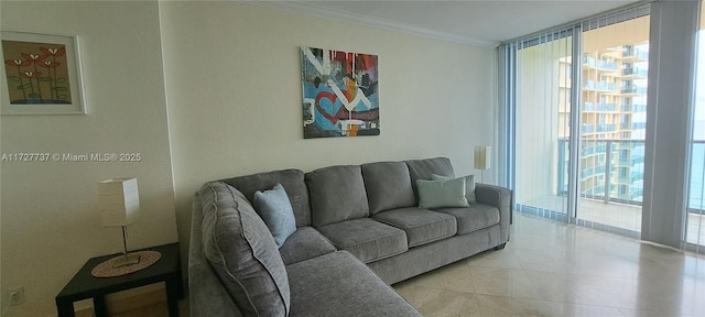 living room featuring a wall of windows and crown molding