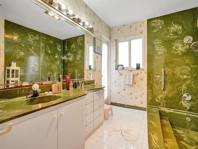 580 Eastwood Ln, Weston, FL 33326 - bathroom with tile patterned flooring, wallpapered walls, a sink, and double vanity