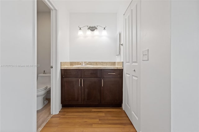 bathroom featuring toilet, vanity, and hardwood / wood-style flooring