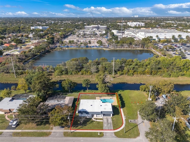 bird's eye view featuring a water view