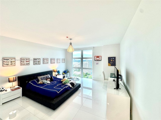 tiled bedroom with expansive windows