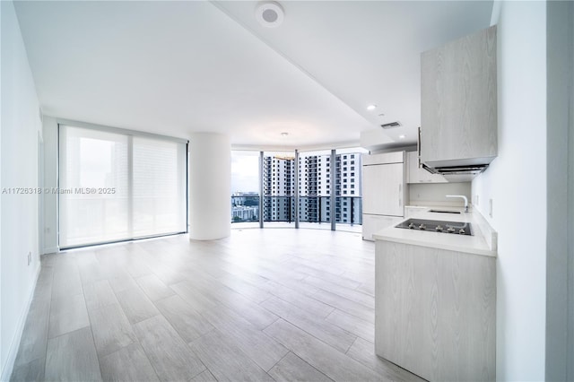 kitchen with sink, light hardwood / wood-style flooring, a wall of windows, white refrigerator, and black electric cooktop