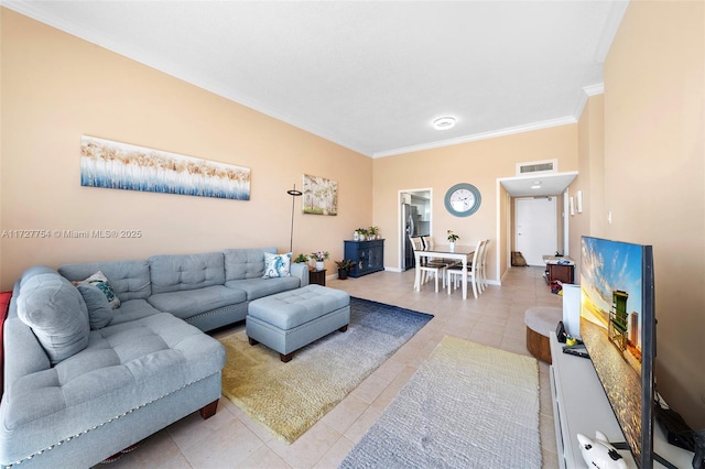 tiled living room featuring ornamental molding