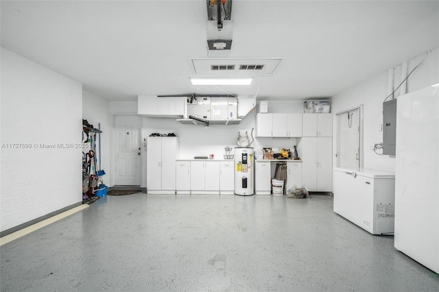 garage featuring fridge, electric panel, and water heater