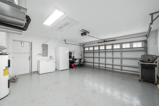 garage with fridge, electric panel, water heater, and a garage door opener