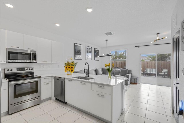 dining space with light tile patterned floors, stairway, baseboards, and a notable chandelier