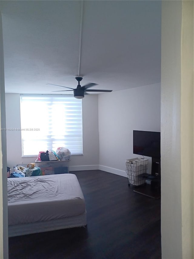 bedroom featuring ceiling fan and dark hardwood / wood-style flooring