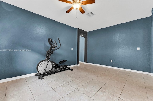 workout room featuring baseboards, visible vents, and a ceiling fan