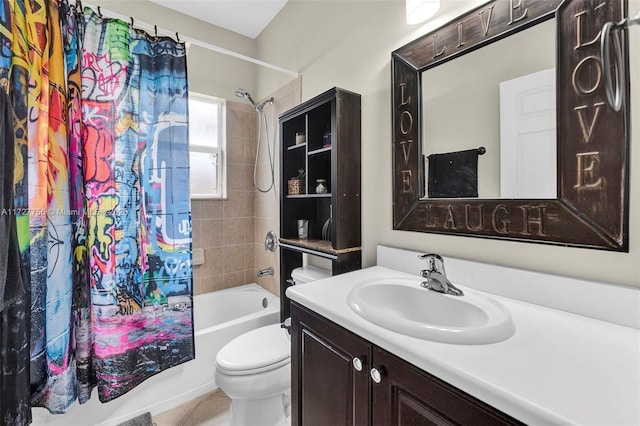 bathroom with toilet, shower / bathtub combination with curtain, and vanity