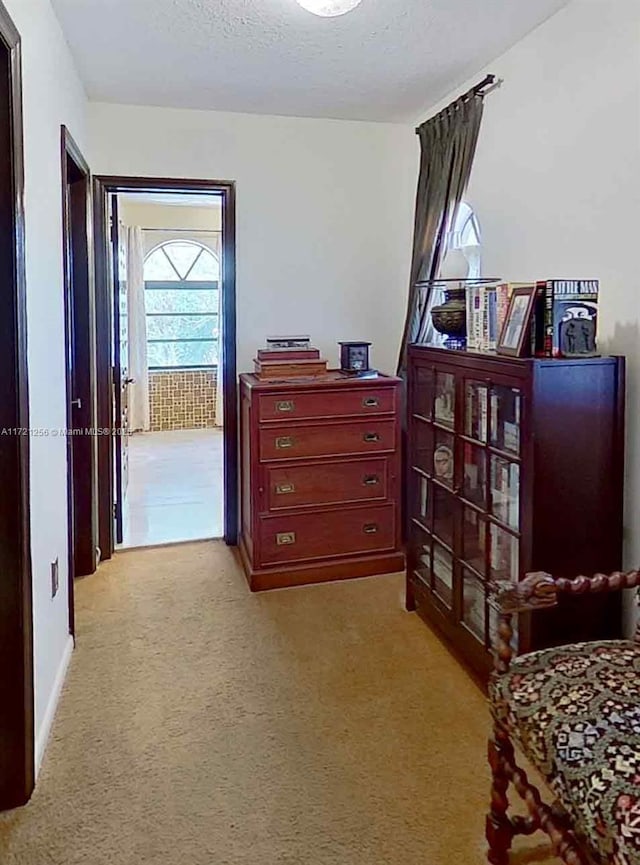 bedroom featuring light carpet and a textured ceiling