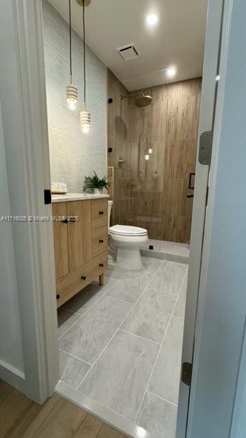 bathroom featuring toilet, vanity, and walk in shower