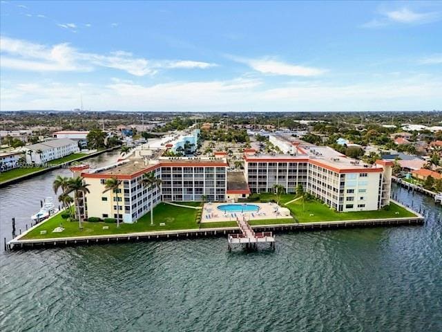 aerial view featuring a water view