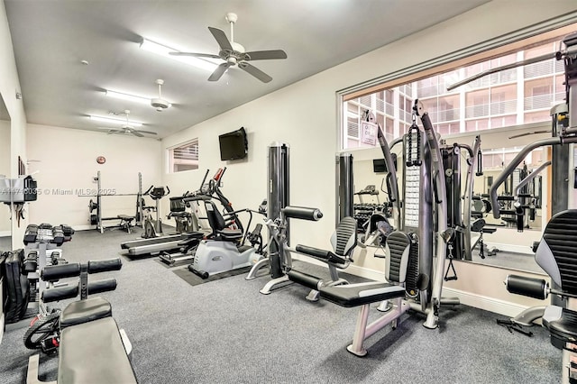 workout area featuring ceiling fan