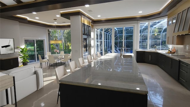 kitchen featuring sink, crown molding, a raised ceiling, and a spacious island