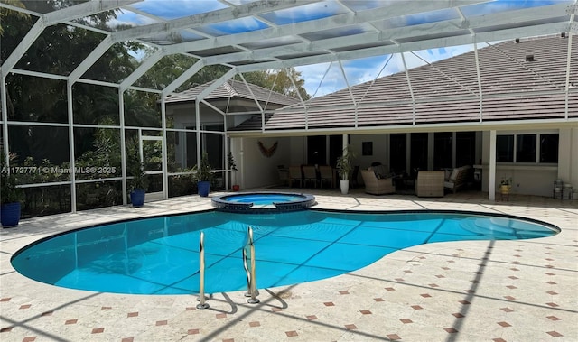 view of swimming pool with outdoor lounge area, a patio, glass enclosure, and an in ground hot tub