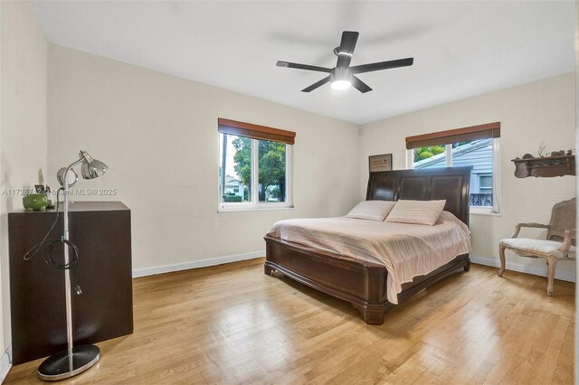 bedroom with ceiling fan and light wood-type flooring