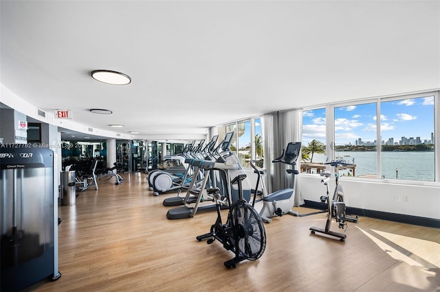 exercise room with light hardwood / wood-style flooring and a water view