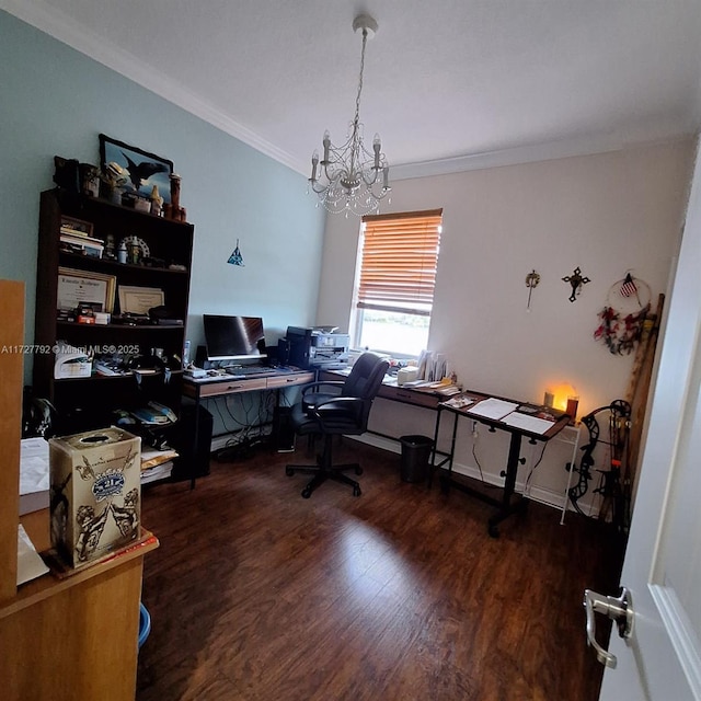 office featuring an inviting chandelier, wood finished floors, and ornamental molding