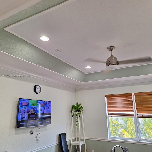 interior space with ceiling fan, recessed lighting, and ornamental molding