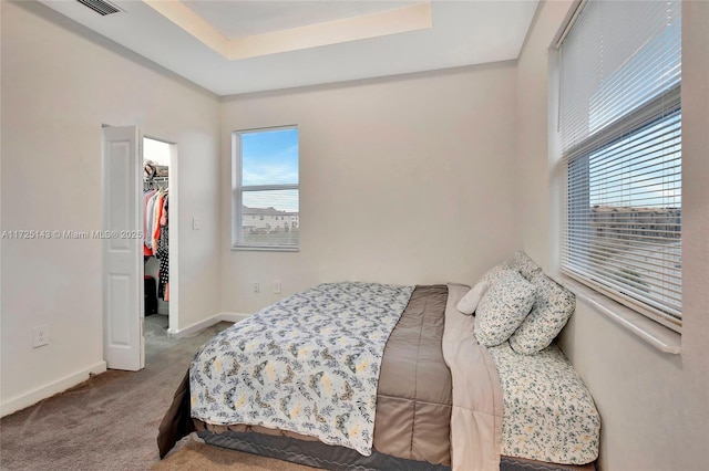 bedroom with a spacious closet, multiple windows, a closet, and carpet flooring