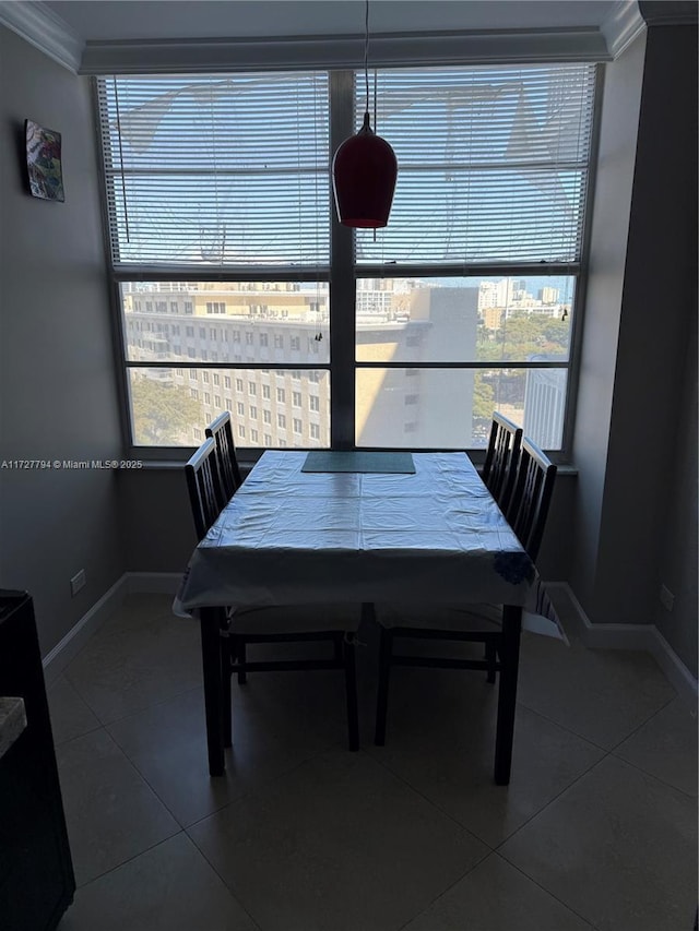 dining room with a healthy amount of sunlight and dark tile patterned floors