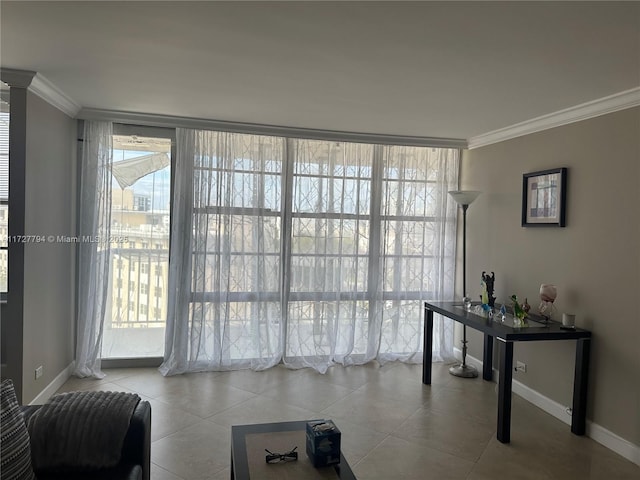 interior space featuring light tile patterned flooring, ornamental molding, and floor to ceiling windows