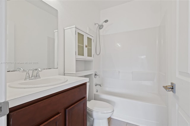 full bathroom featuring toilet, tile patterned floors,  shower combination, and vanity