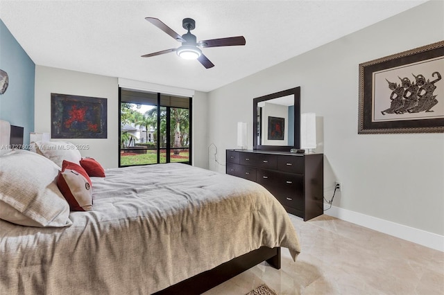 bedroom featuring ceiling fan and access to exterior