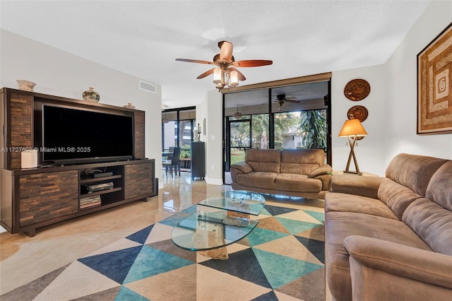 living room with ceiling fan